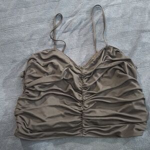 Ruched Olive Crop Cami Top with Spaghetti Straps